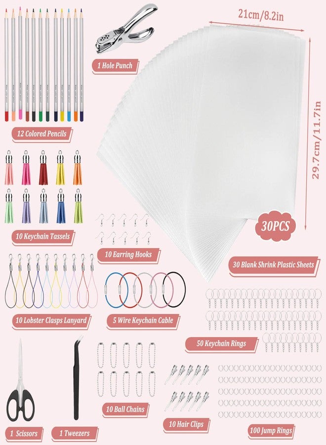 Thrilez 250 Pieces Shrinky Plastic Sheets Keychain kit, Including Shrinky Paper, Colored Pencils, Tassels, Keychain Rings, Hair Clips, Earring Hooks, Hole Punch for Creative Crafts - Image 3